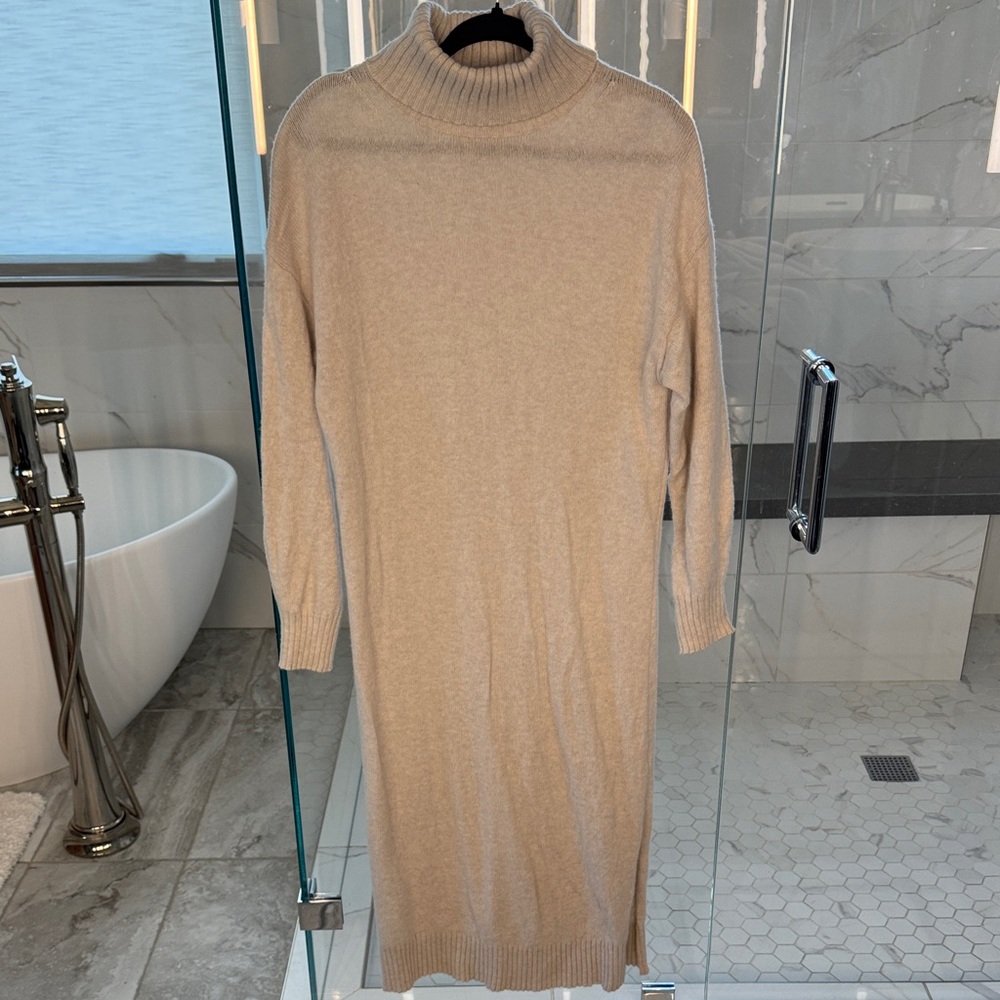 Elegant Beige Turtleneck Sweater Dress